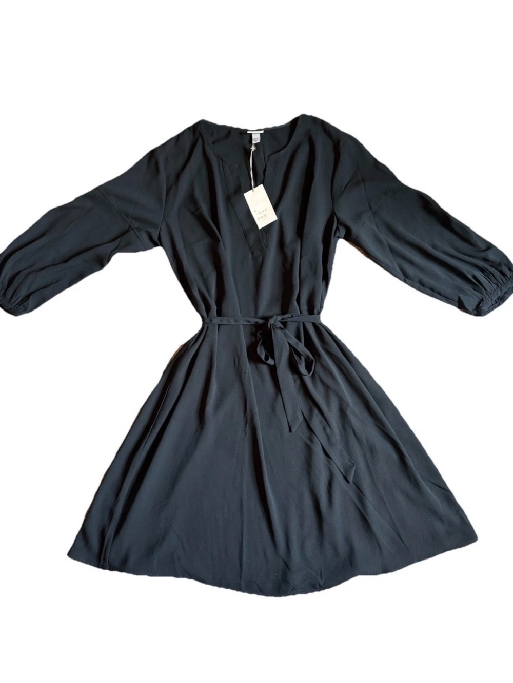 A New Day NWT Black Dress 3/4 Sleeve Tie Waist V Neck Size Large
